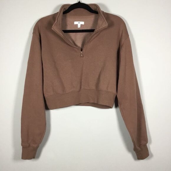 BP Brown Preppy Minimalist Neutral Clean Girl Cropped Collared Sweatshirt M - Picture 1 of 9